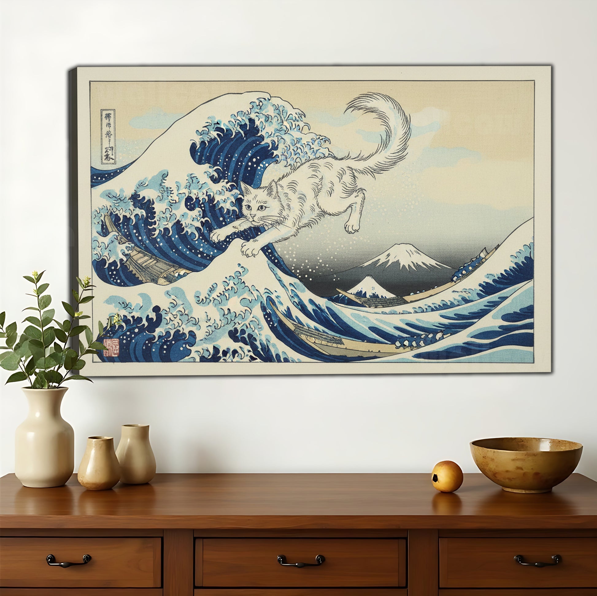 The Great Wave Cat – Ukiyo-E Inspired Whimsical Wall Art on Natural Wood Canvas