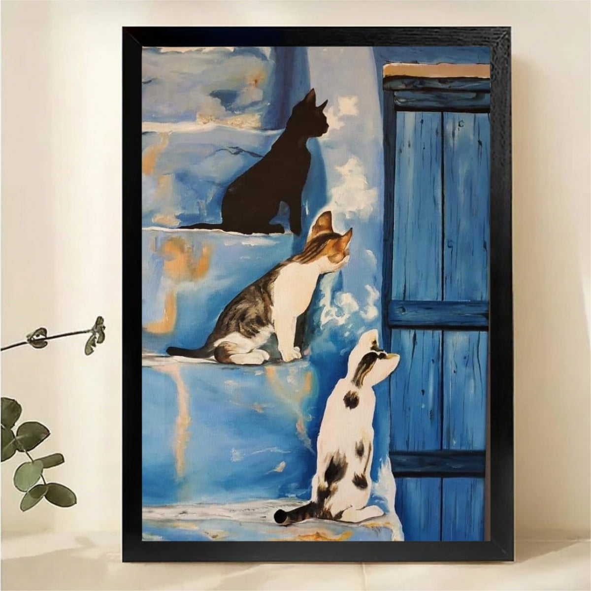 Three Cats on Blue Wall Art - Mediterranean Style Print