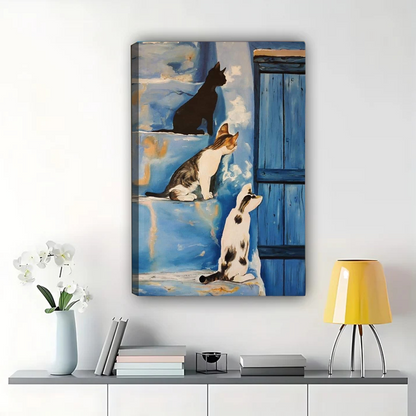 Three Cats on Blue Wall Art - Mediterranean Style Print