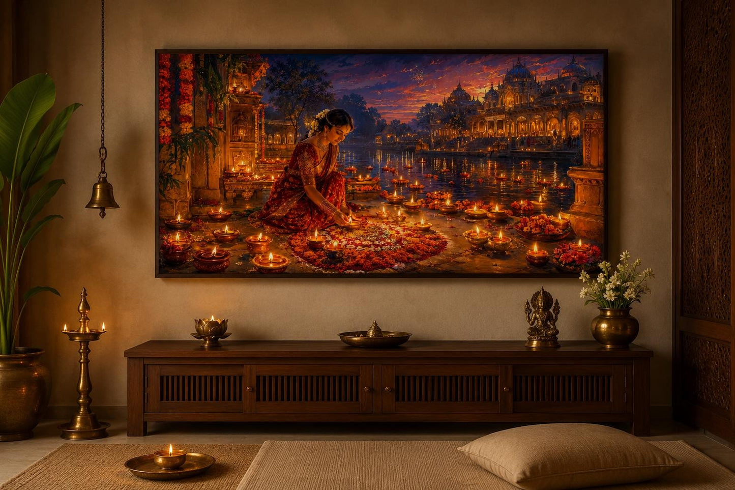 Diwali Canvas Wall Art - Woman Lighting Diyas Indian Festival Painting | Living Room Decor