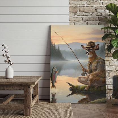 Deer Fisherman Catching Big Trout at Misty Lake Sunrise Wrapped Canvas Wall Art