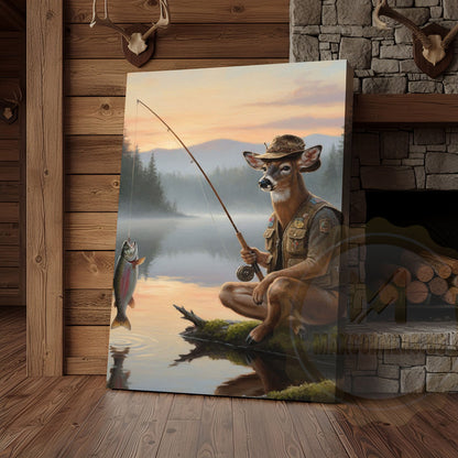 Deer Fisherman Catching Big Trout at Misty Lake Sunrise Wrapped Canvas Wall Art