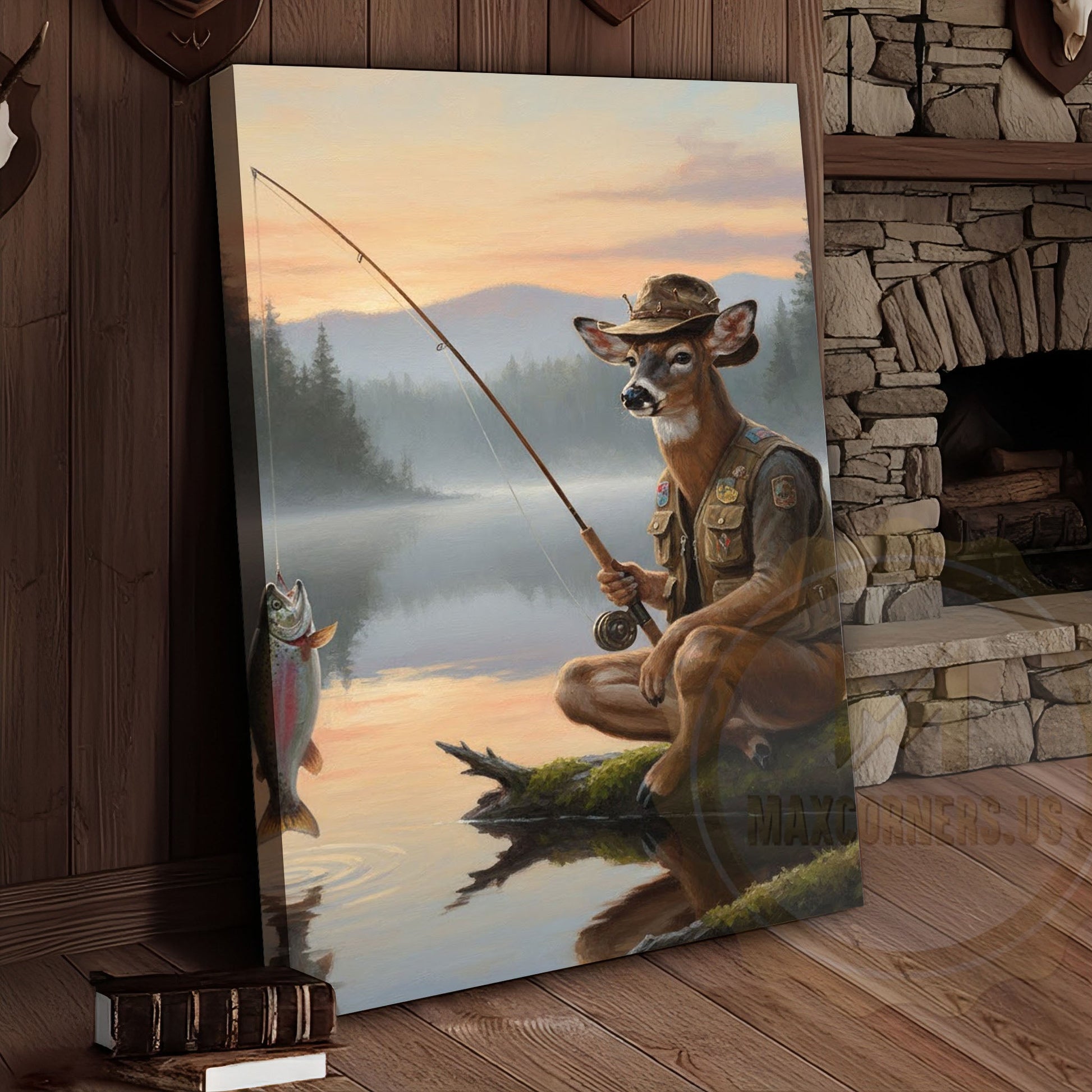 Deer Fisherman Catching Big Trout at Misty Lake Sunrise Wrapped Canvas Wall Art