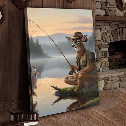 Deer Fisherman Catching Big Trout at Misty Lake Sunrise Wrapped Canvas Wall Art
