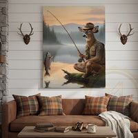 Deer Fisherman Catching Big Trout at Misty Lake Sunrise Wrapped Canvas Wall Art