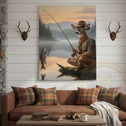 Deer Fisherman Catching Big Trout at Misty Lake Sunrise Wrapped Canvas Wall Art