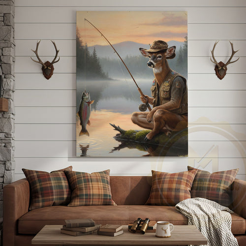 Deer Fisherman Catching Big Trout at Misty Lake Sunrise Wrapped Canvas Wall Art