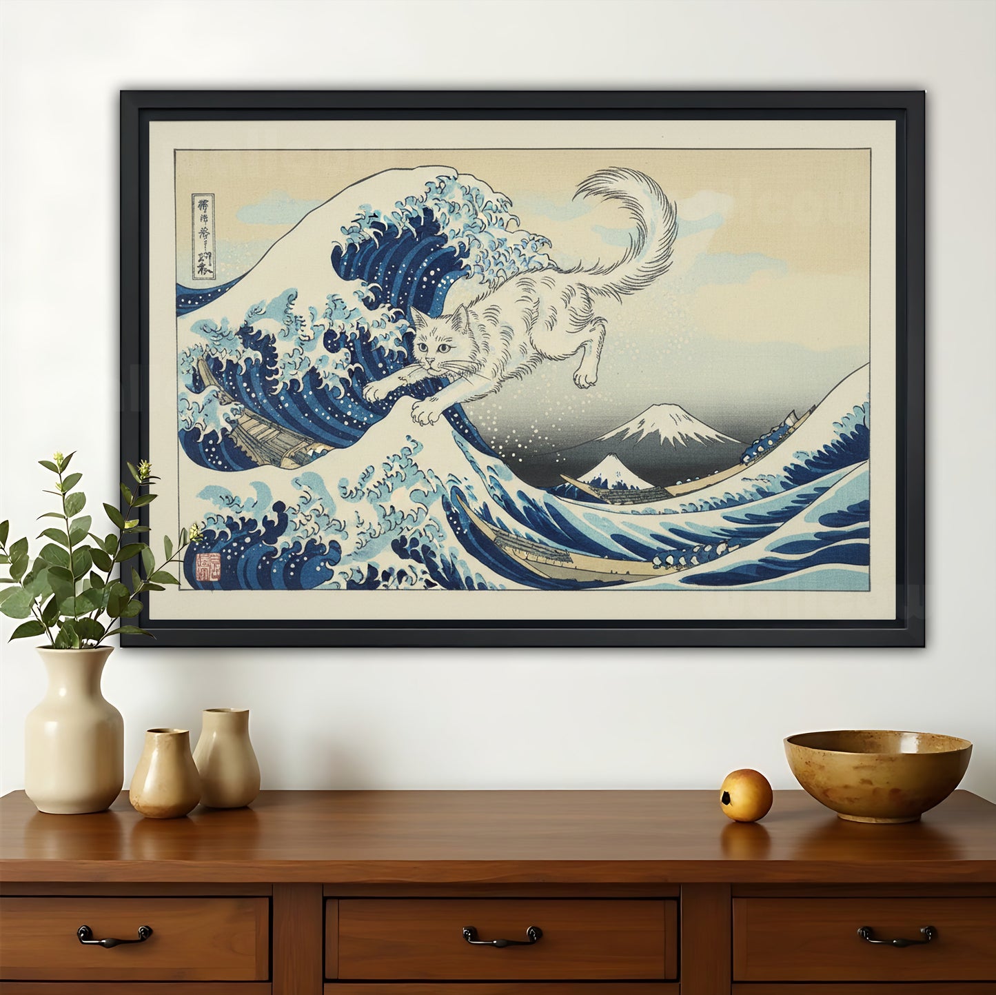 The Great Wave Cat – Ukiyo-E Inspired Whimsical Wall Art on Natural Wood Canvas