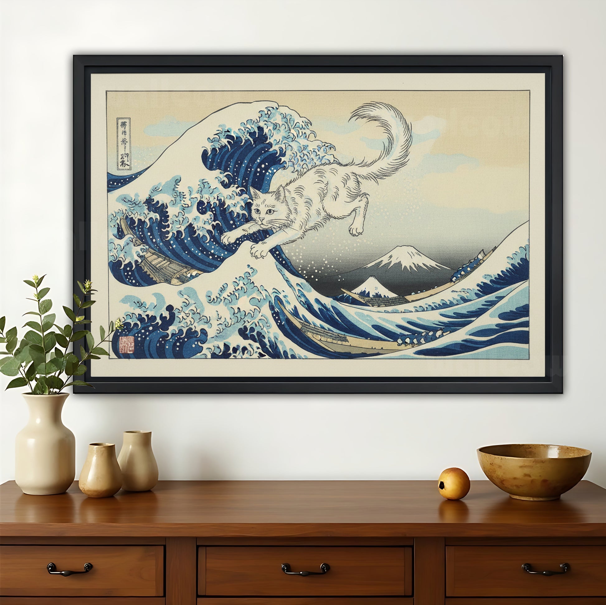The Great Wave Cat – Ukiyo-E Inspired Whimsical Wall Art on Natural Wood Canvas