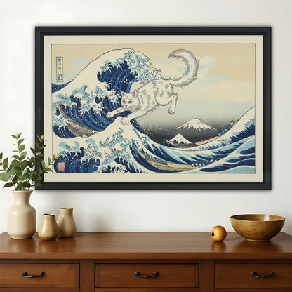 The Great Wave Cat – Ukiyo-E Inspired Whimsical Wall Art on Natural Wood Canvas