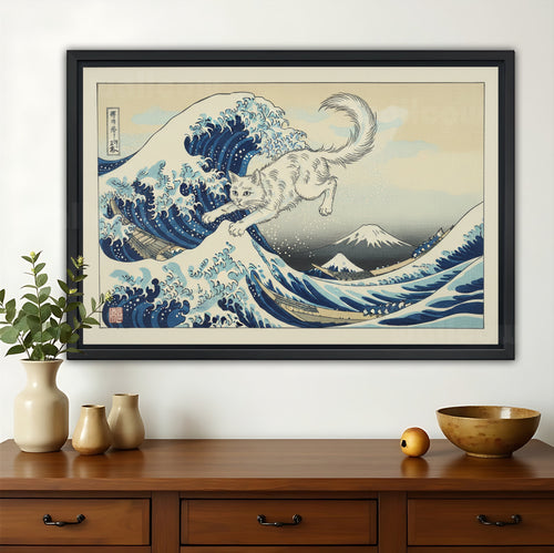 The Great Wave Cat – Ukiyo-E Inspired Whimsical Wall Art on Natural Wood Canvas