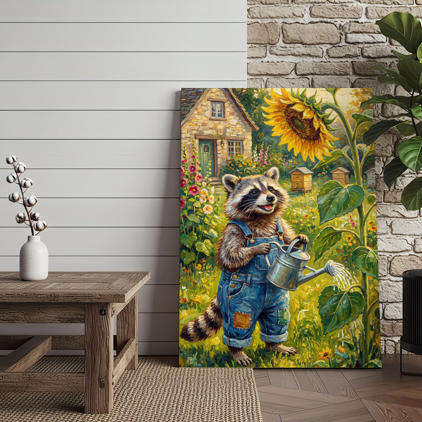 Cute Raccoon Gardener Watering Sunflower Rustic Farm Garden Canvas Wall Art