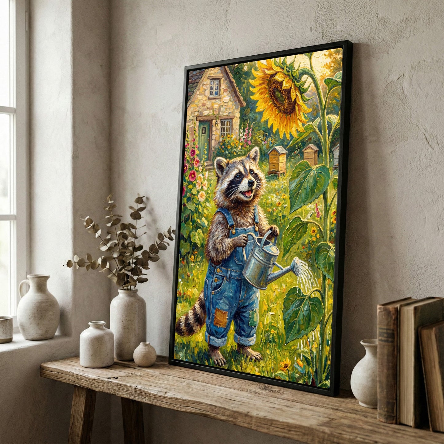 Cute Raccoon Gardener Watering Sunflower Rustic Farm Garden Canvas Wall Art