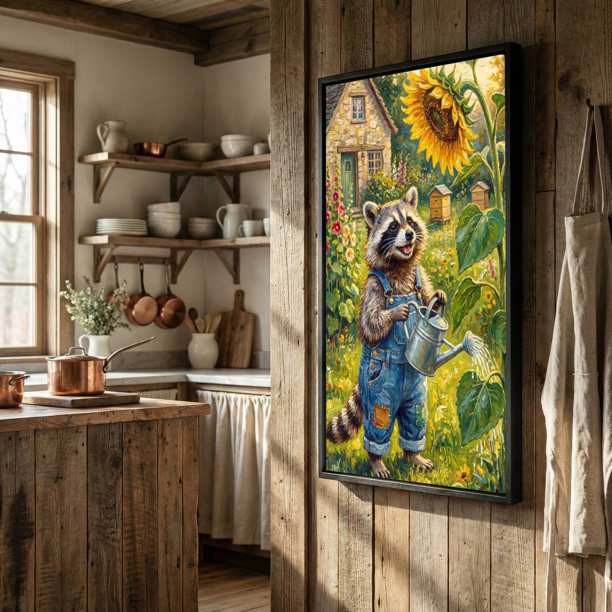Cute Raccoon Gardener Watering Sunflower Rustic Farm Garden Canvas Wall Art