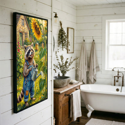 Cute Raccoon Gardener Watering Sunflower Rustic Farm Garden Canvas Wall Art