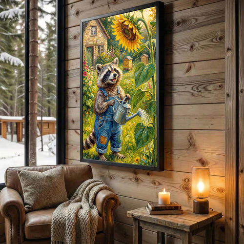 Cute Raccoon Gardener Watering Sunflower Rustic Farm Garden Canvas Wall Art