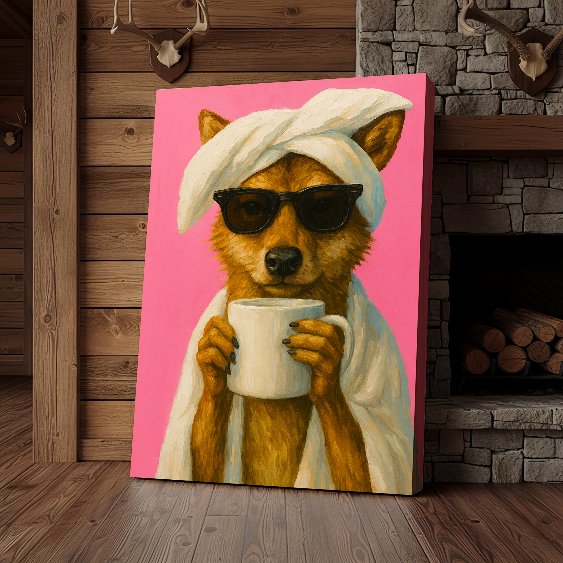 Wolf Morning Coffee 3D Wrapped Canvas Wall Art