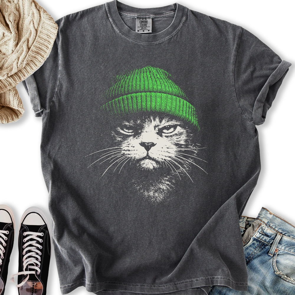 Green Beanie Cat Relaxed Tee