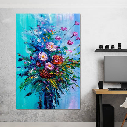 Bouquet of Flowers on Blue Background Canvas Wall Art