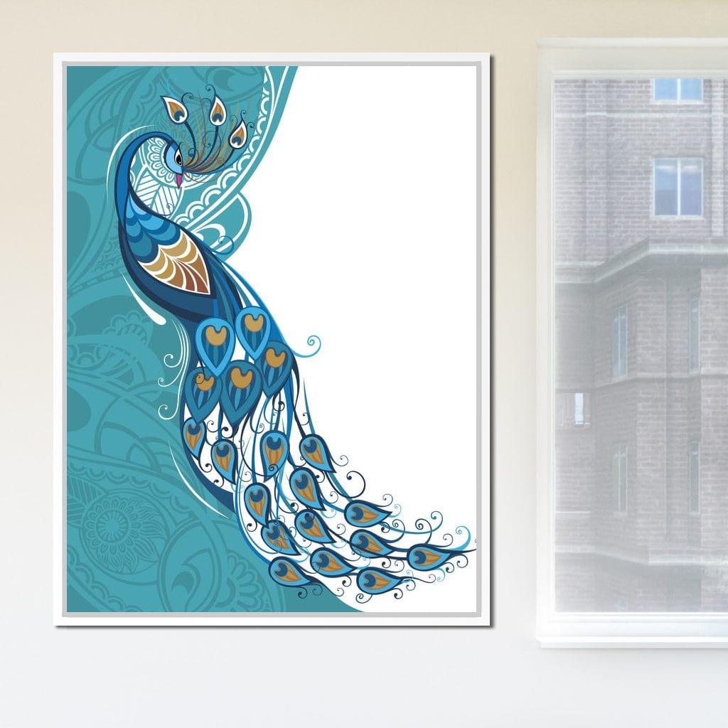 Peacock on Turquoise & White Background Canvas Wall Art