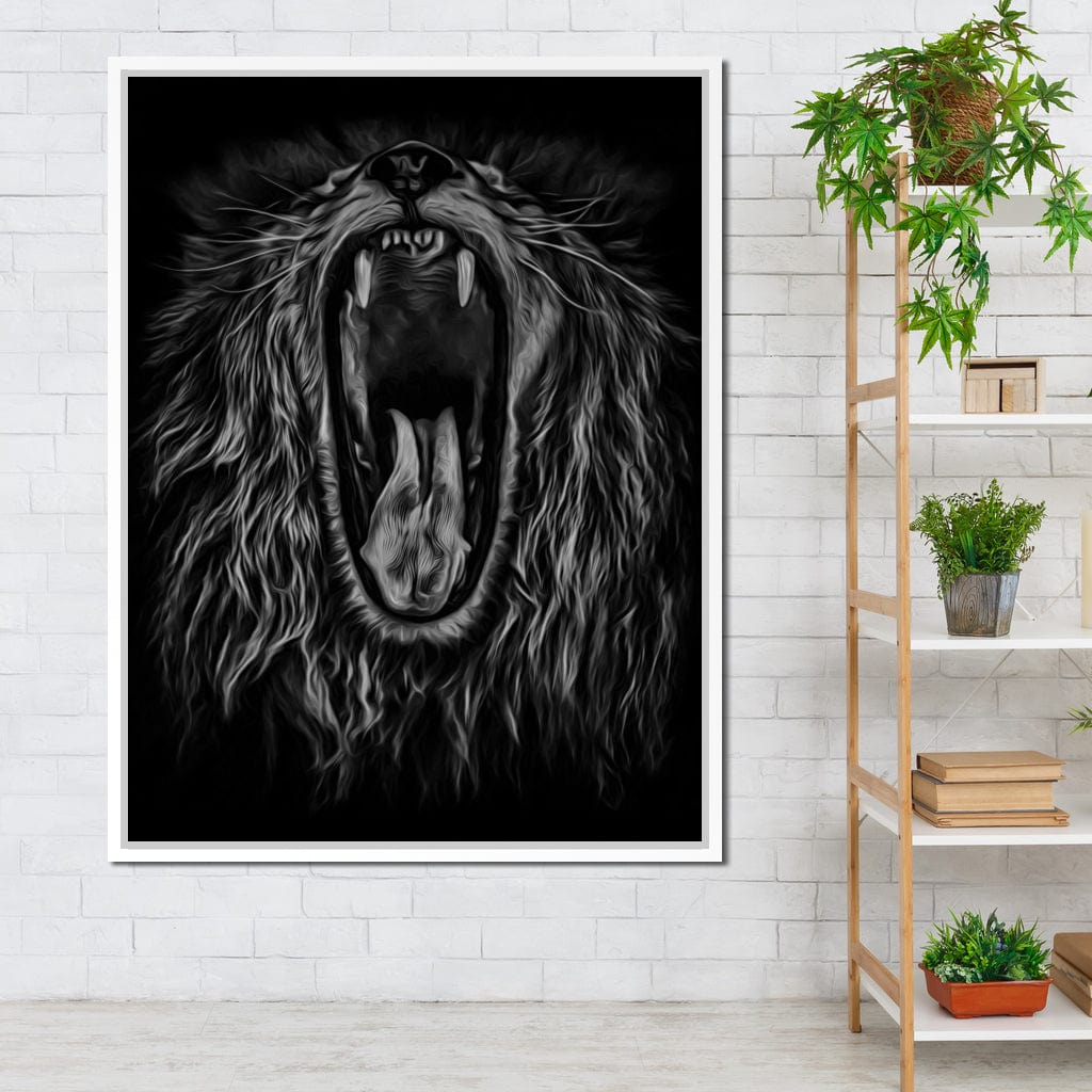 Black and White Roaring Lion Canvas Wall Art