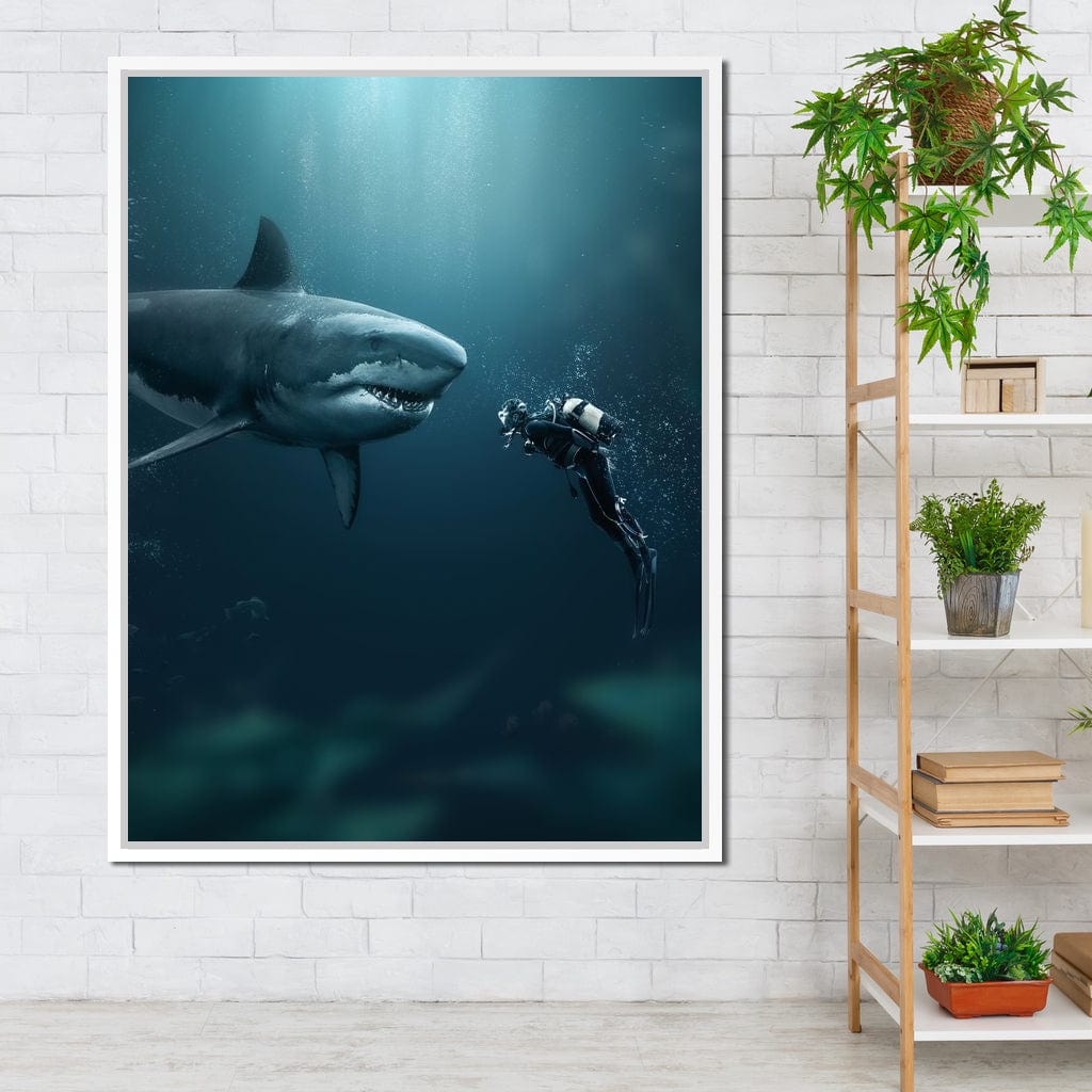 Shark Meets Diver Canvas Wall Art