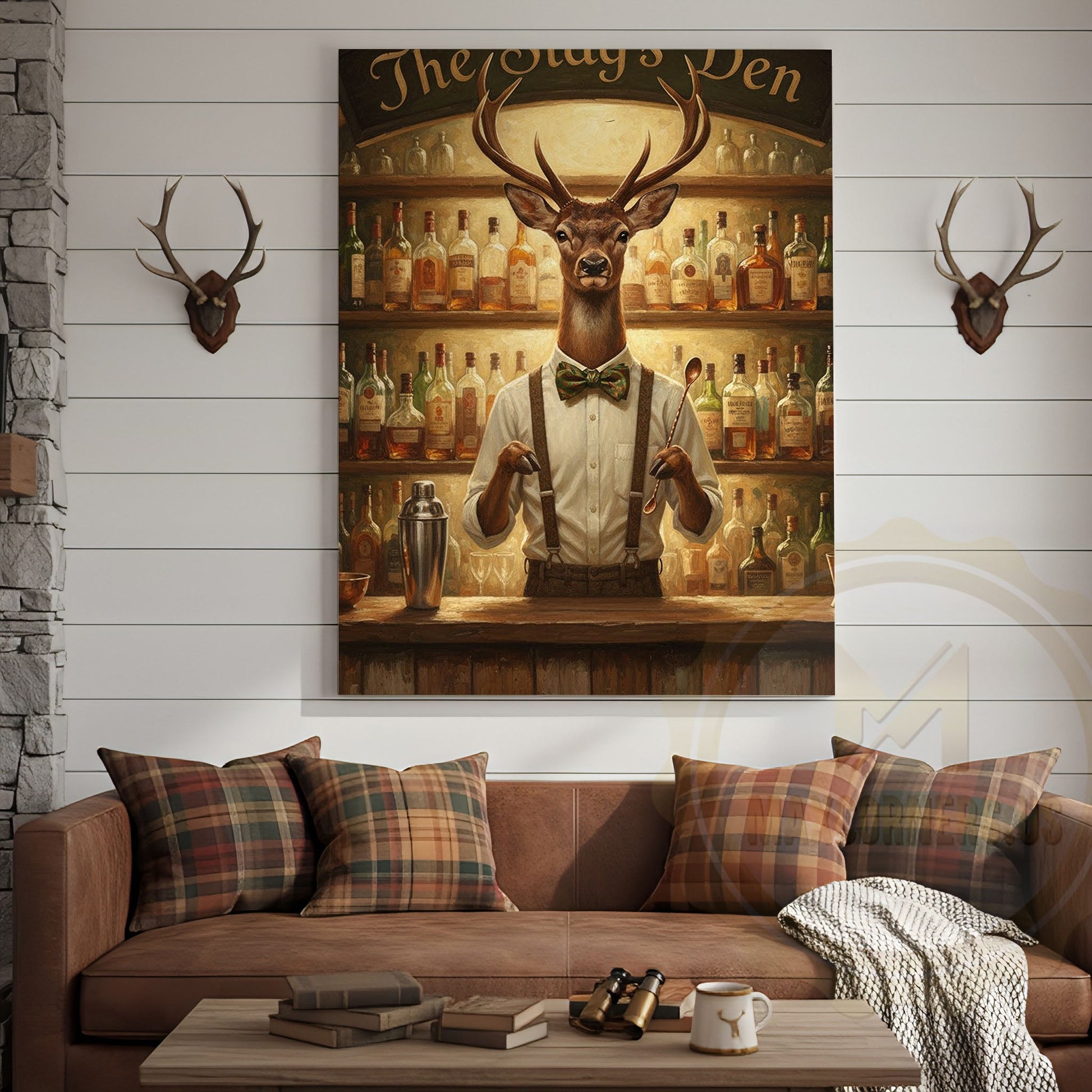 Elegant Deer Bartender Mixing Whiskey Cocktails in The Stag’s Den Wrapped Canvas Wall Art