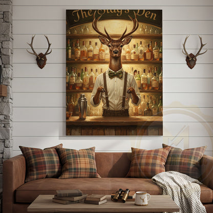 Elegant Deer Bartender Mixing Whiskey Cocktails in The Stag’s Den Wrapped Canvas Wall Art
