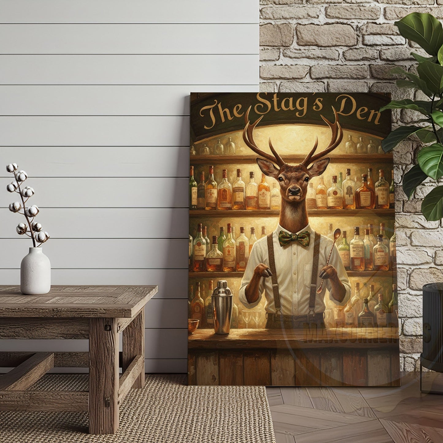 Elegant Deer Bartender Mixing Whiskey Cocktails in The Stag’s Den Wrapped Canvas Wall Art