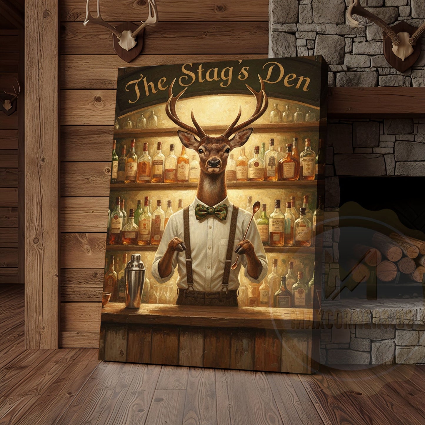 Elegant Deer Bartender Mixing Whiskey Cocktails in The Stag’s Den Wrapped Canvas Wall Art
