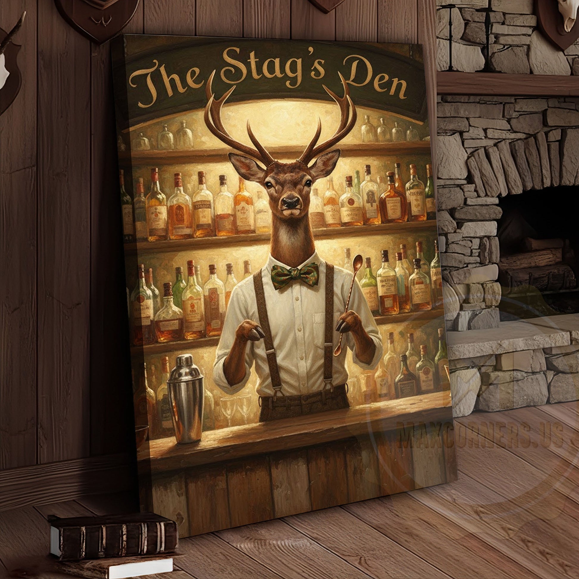 Elegant Deer Bartender Mixing Whiskey Cocktails in The Stag’s Den Wrapped Canvas Wall Art