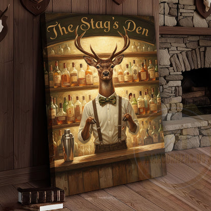 Elegant Deer Bartender Mixing Whiskey Cocktails in The Stag’s Den Wrapped Canvas Wall Art