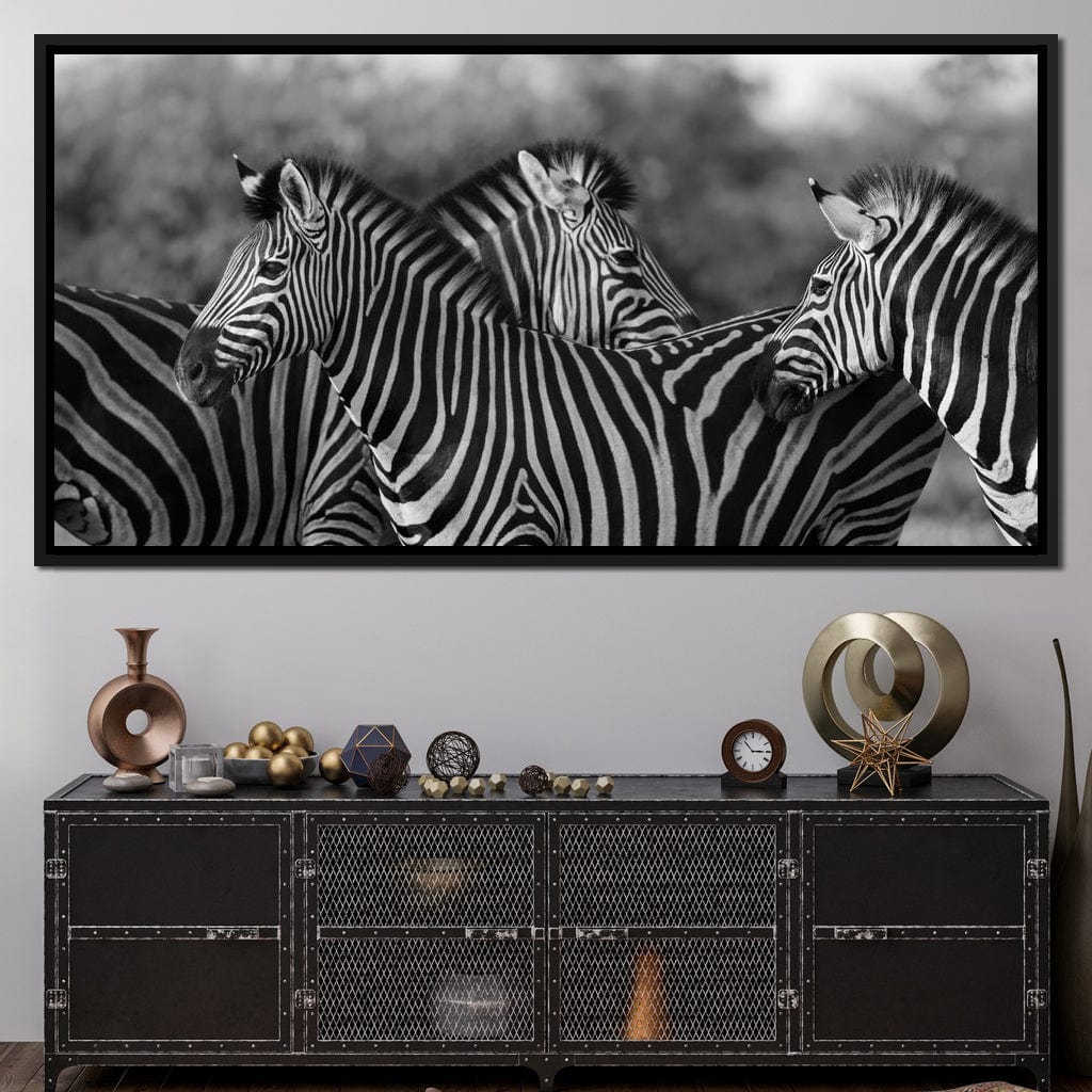 Zebra Herd in Black & White Canvas Wall Art
