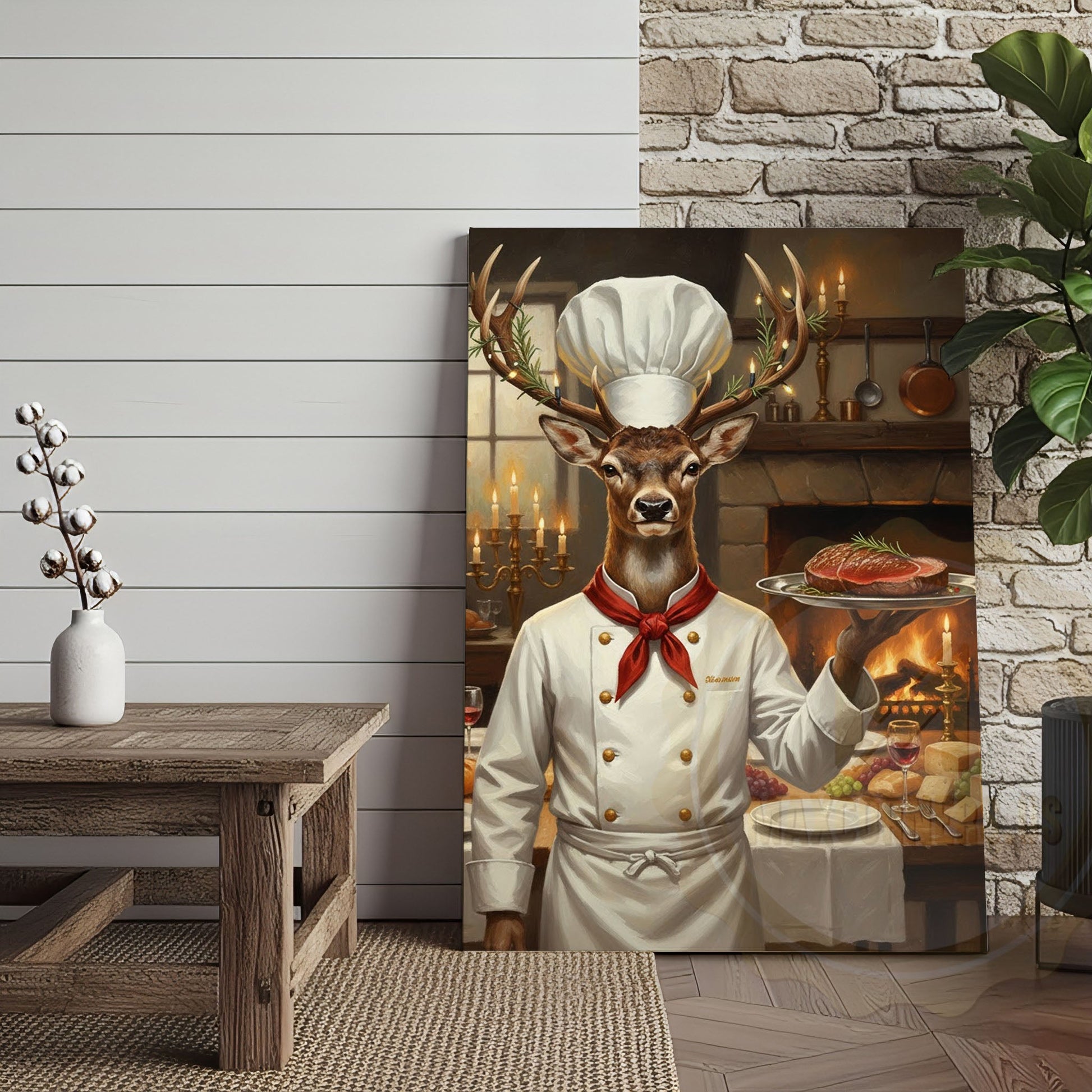 Deer Chef in White Uniform Serving Steak beside Fireplace Wrapped Canvas Wall Art