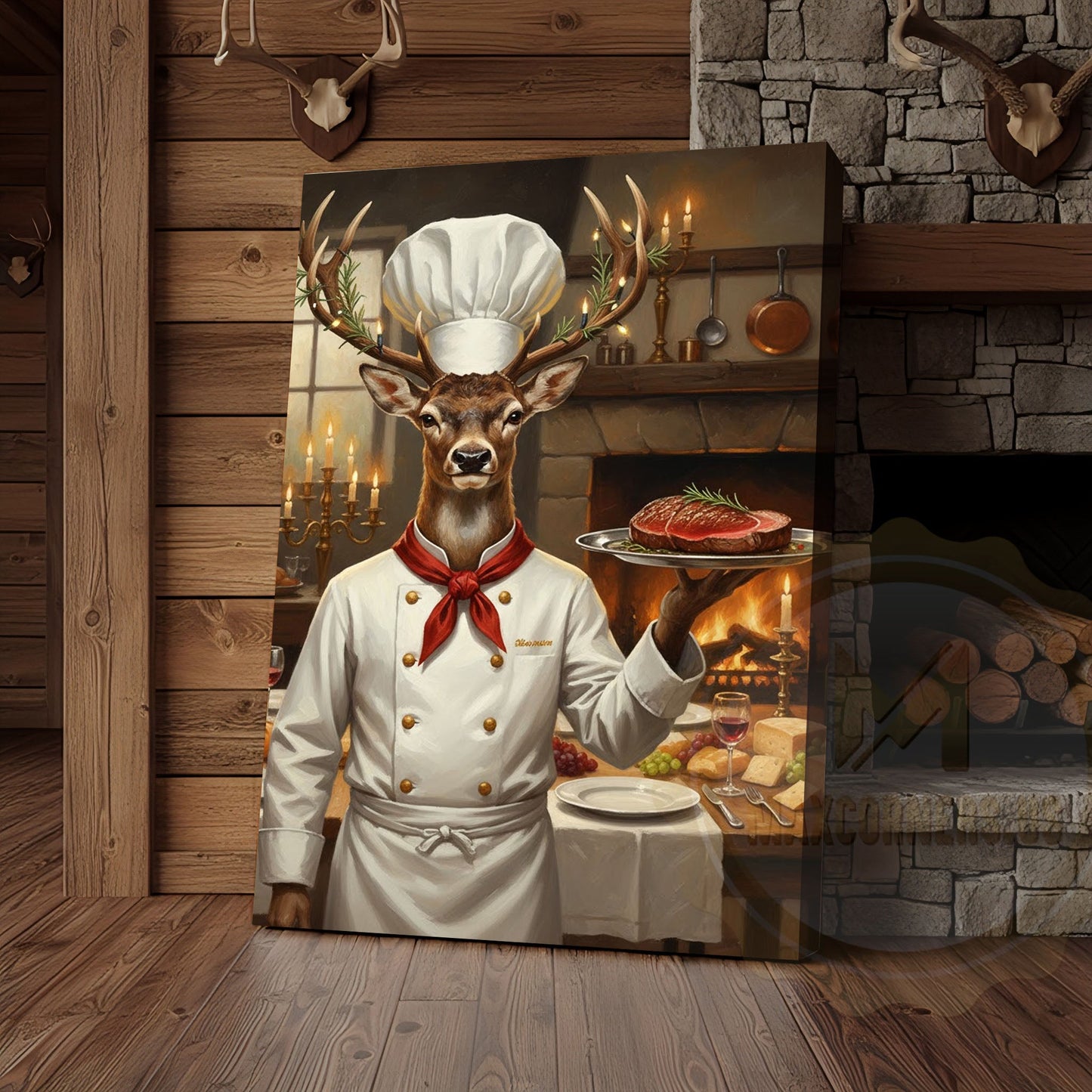 Deer Chef in White Uniform Serving Steak beside Fireplace Wrapped Canvas Wall Art