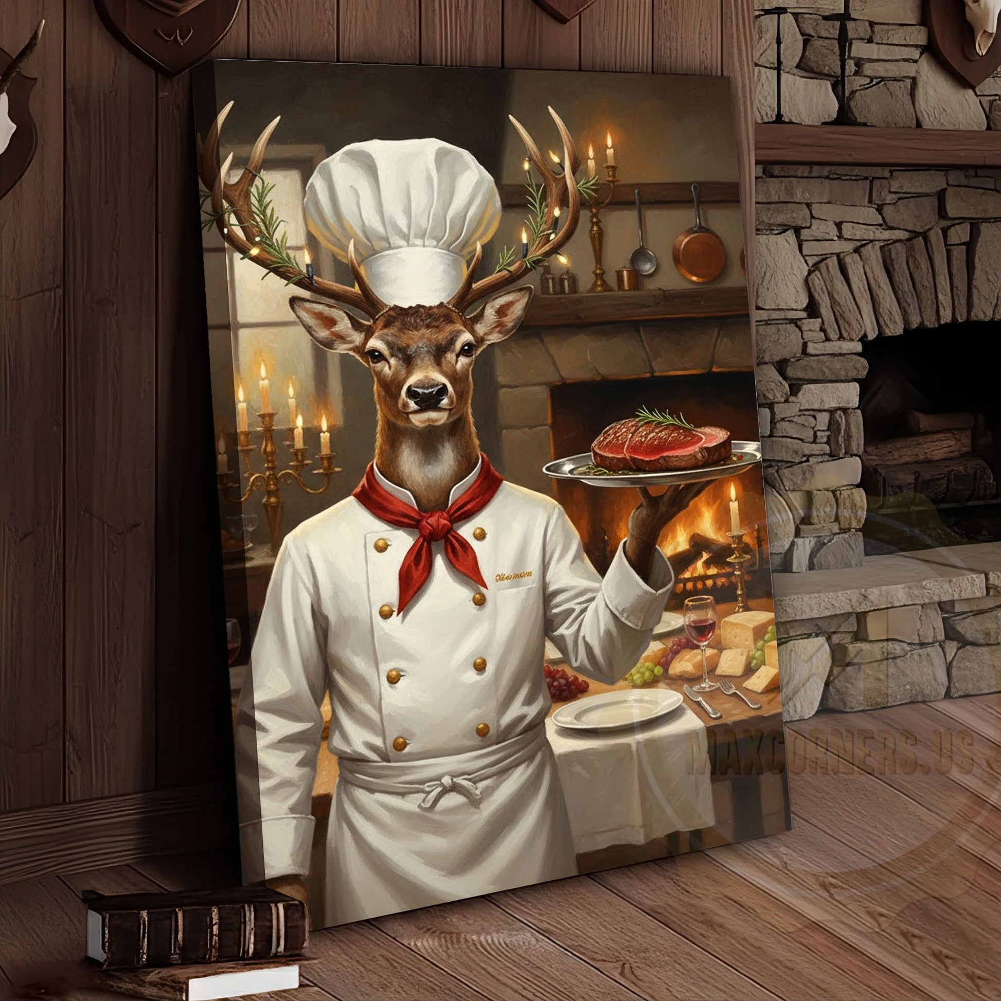 Deer Chef in White Uniform Serving Steak beside Fireplace Wrapped Canvas Wall Art
