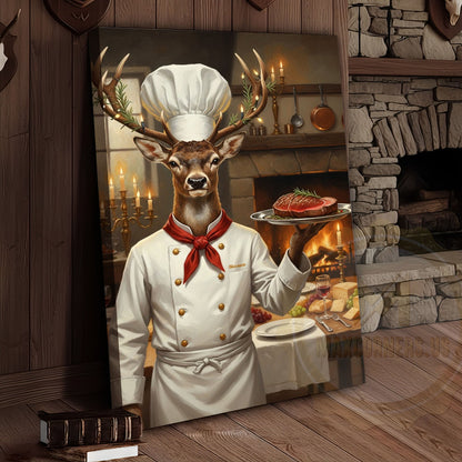 Deer Chef in White Uniform Serving Steak beside Fireplace Wrapped Canvas Wall Art