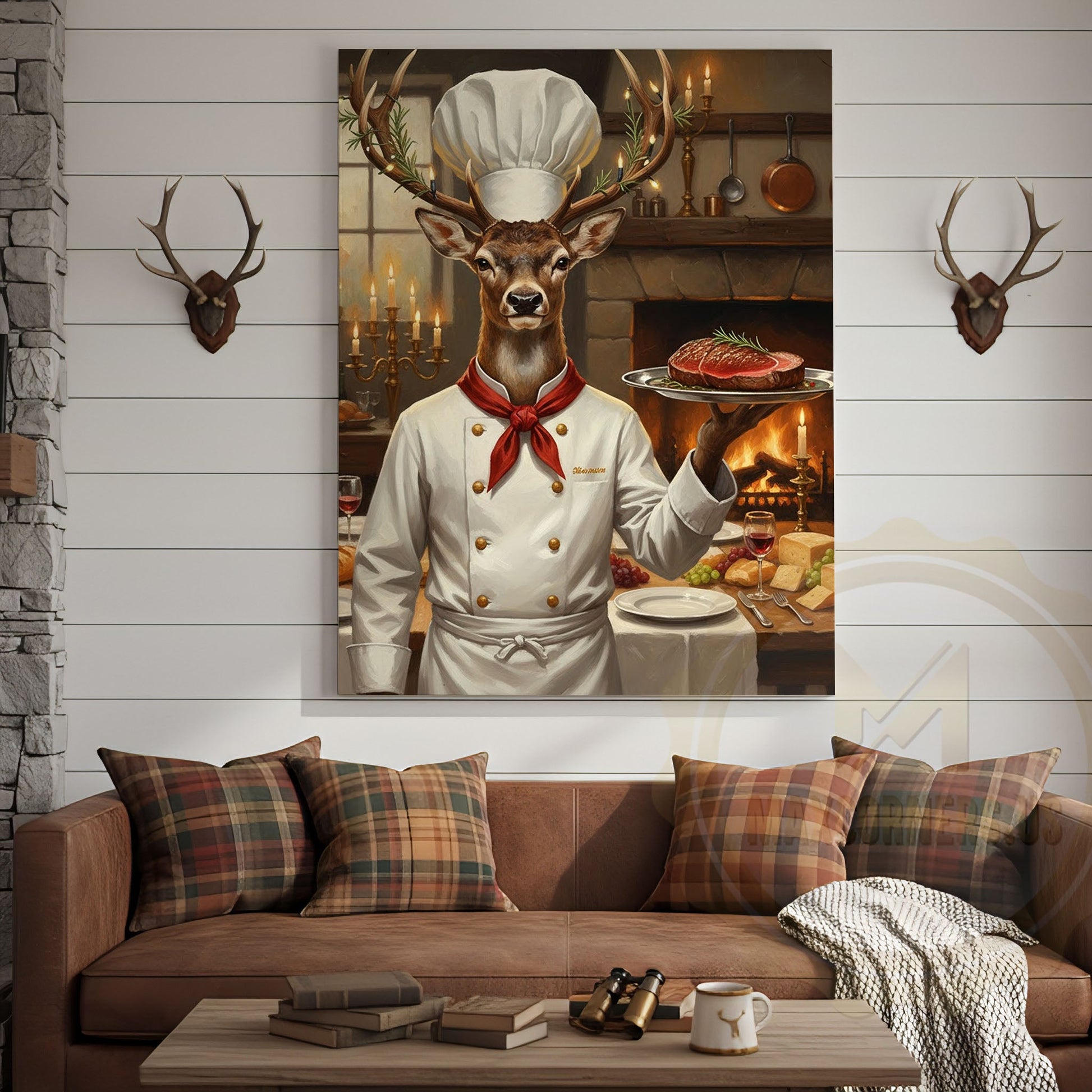 Deer Chef in White Uniform Serving Steak beside Fireplace Wrapped Canvas Wall Art