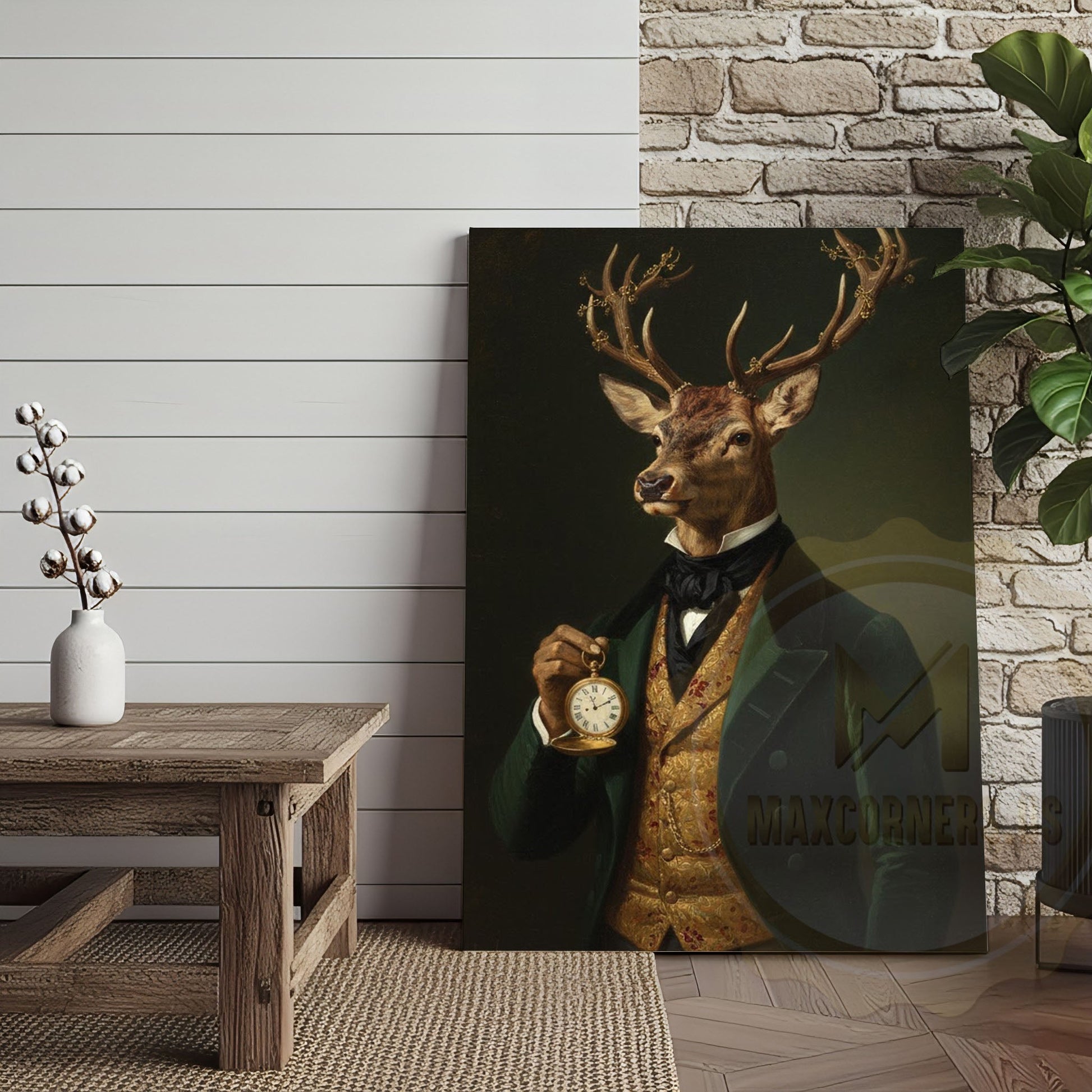 Vintage Deer Gentleman with Gold Pocket Watch in Dark Green Suit Wrapped Canvas Wall Art