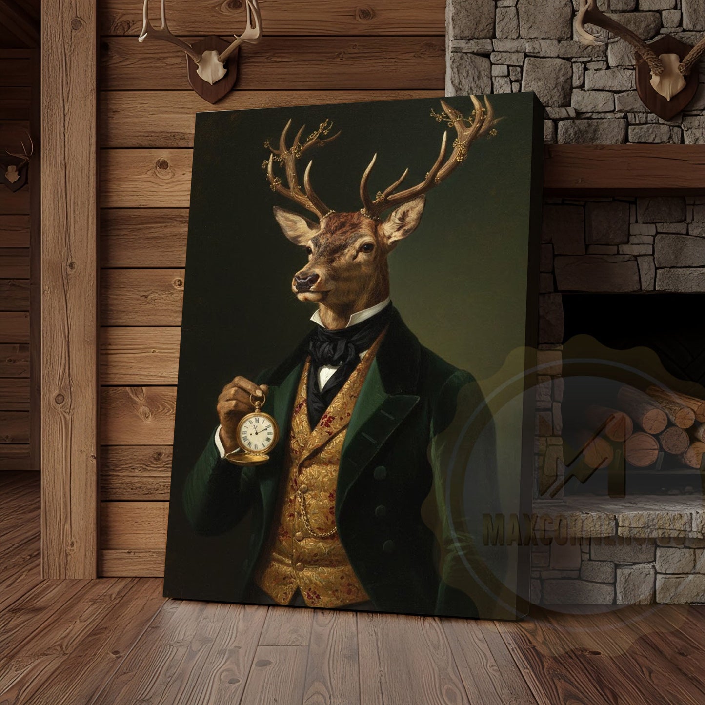 Vintage Deer Gentleman with Gold Pocket Watch in Dark Green Suit Wrapped Canvas Wall Art
