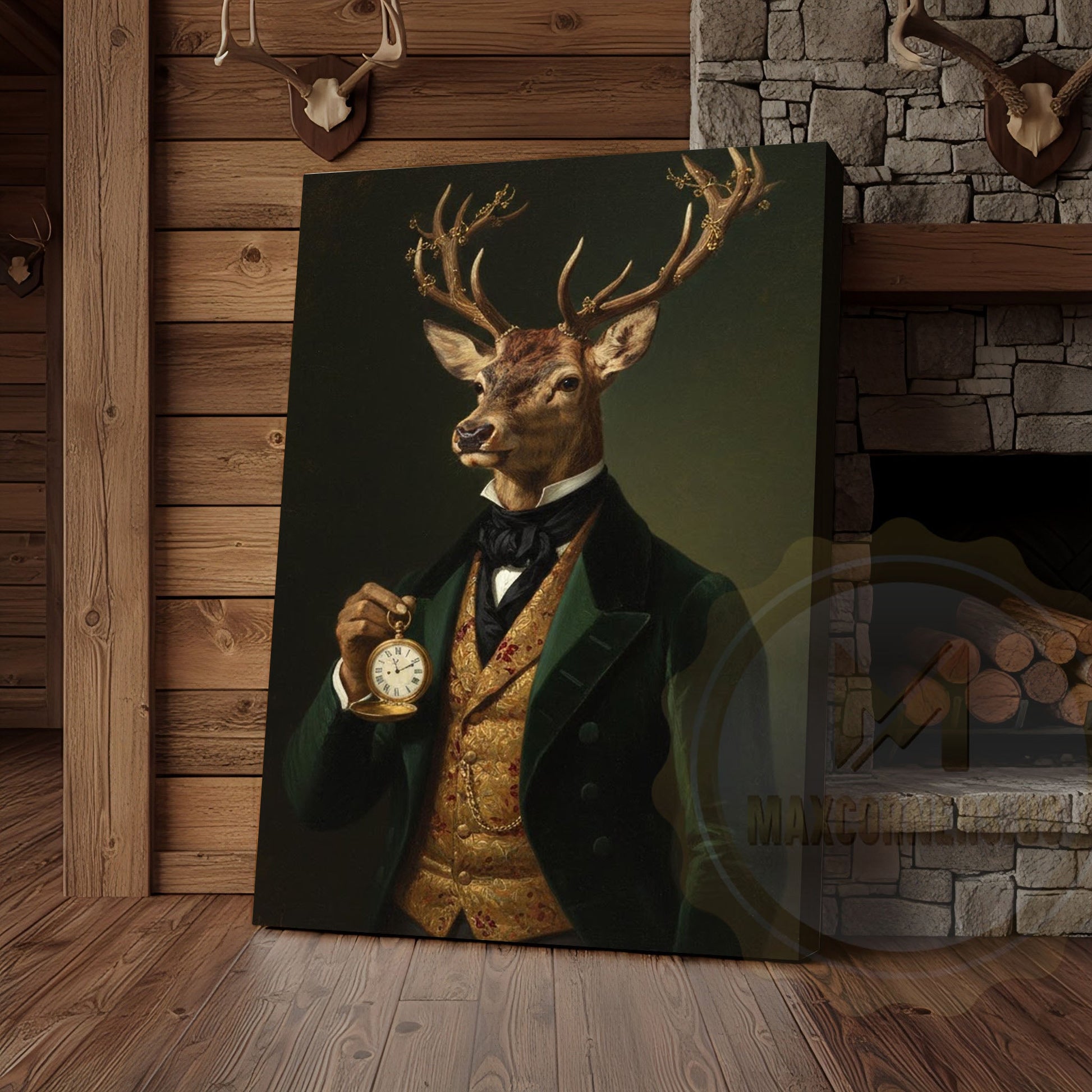Vintage Deer Gentleman with Gold Pocket Watch in Dark Green Suit Wrapped Canvas Wall Art