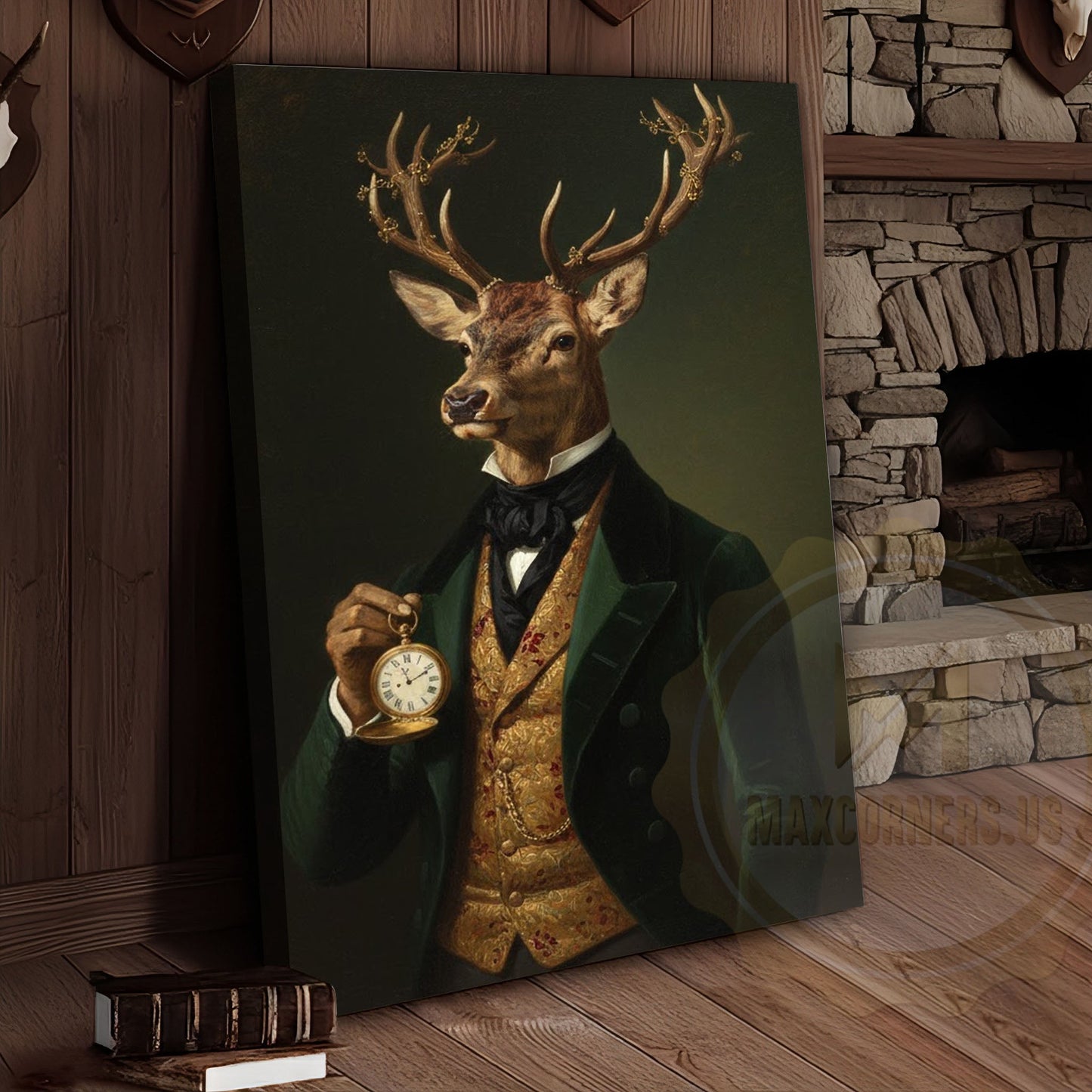 Vintage Deer Gentleman with Gold Pocket Watch in Dark Green Suit Wrapped Canvas Wall Art