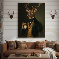 Vintage Deer Gentleman with Gold Pocket Watch in Dark Green Suit Wrapped Canvas Wall Art