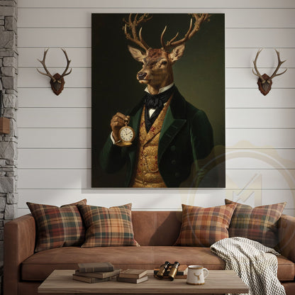 Vintage Deer Gentleman with Gold Pocket Watch in Dark Green Suit Wrapped Canvas Wall Art