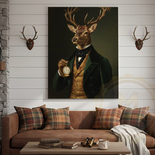 Vintage Deer Gentleman with Gold Pocket Watch in Dark Green Suit Wrapped Canvas Wall Art