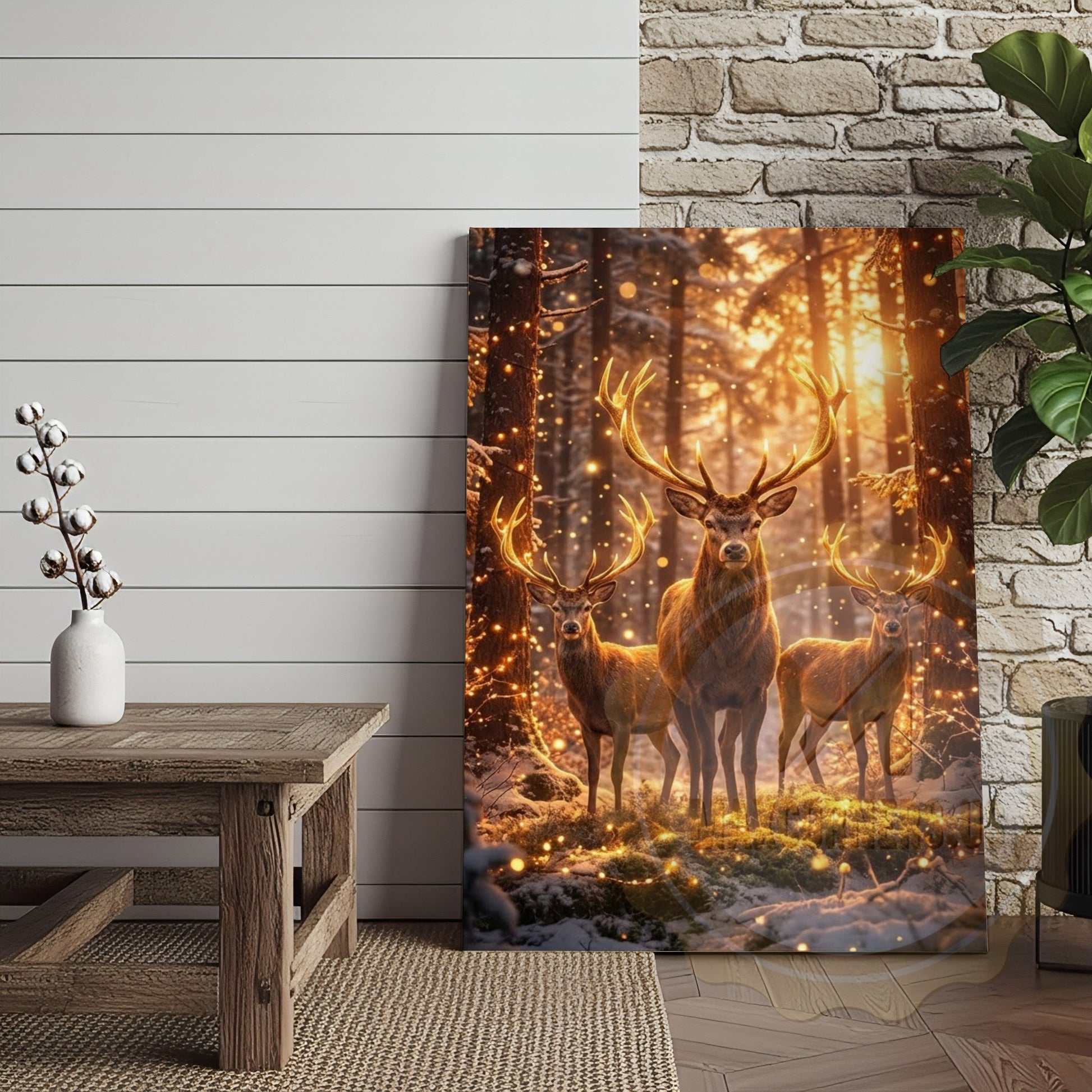 Illuminated Deer Herd Canvas - Enchanted Forest Glow Print