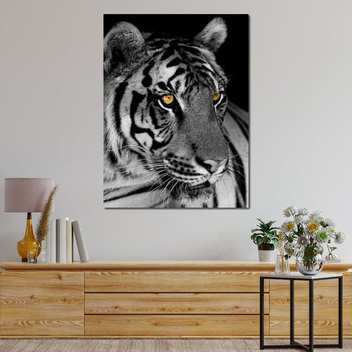 Black and White Tiger with Yellow Eyes Canvas Wall Art
