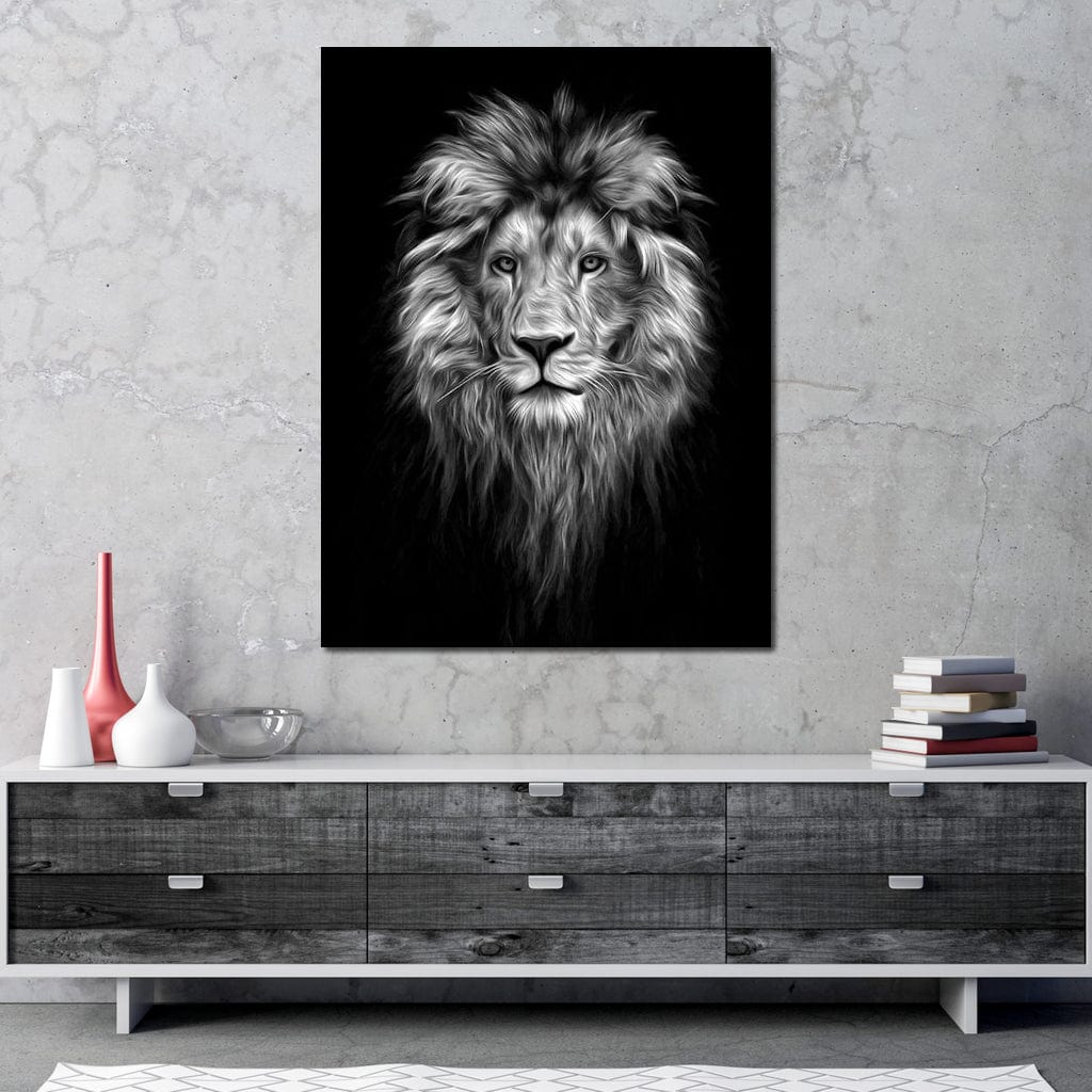 Black and White Lion Face Canvas Wall Art