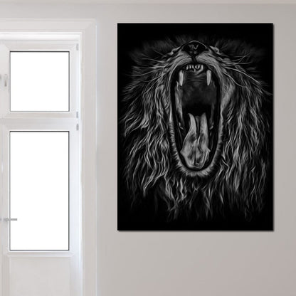 Black and White Roaring Lion Canvas Wall Art