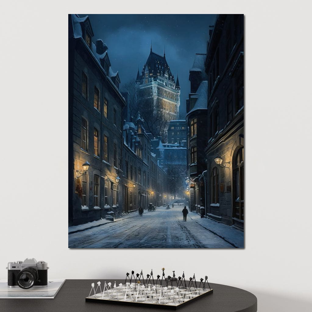 Quebec City Street On a Winter Night Canvas Wall Art